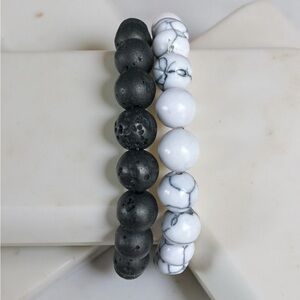 TWO Bead Bracelets Stackable Stretch Black Lava Rock & White Marble Design NWOT